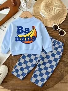 2pcs/Set Cute Fruit Baby Boy Outfit, Vintage Banana Print Sweatshirt With Checkerboard Full-Length Wide-Leg Pants, Soft And Warm For Autumn Daily Wear - Baby Blue - View 3