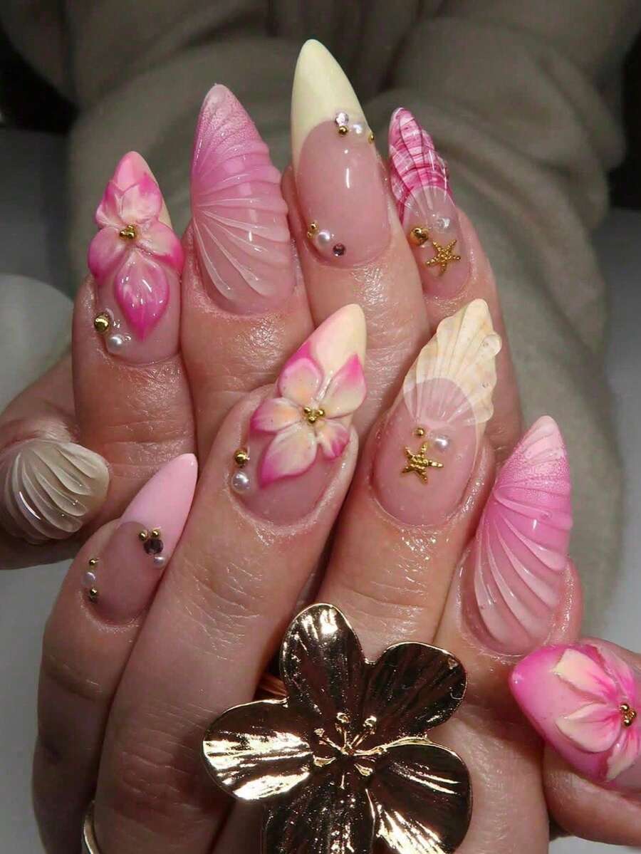 手工粉色3D花朵夏季海灘水滴貝殼黃色杏仁形中長款假指甲,適合女孩與女性 - 粉色 - 查看 1