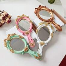 European Vintage Handheld Mirror, Oval Hand Mirror For Hotel Photography, Baroque Style Wooden Printed Mirror - 1PC - View 1