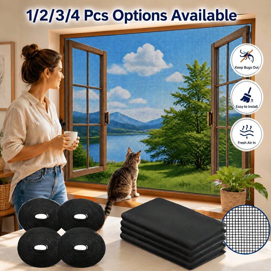 YITAPE Window Screen Curtains, Self-Adhesive Mesh Window Screen Curtains, 2 Pieces Mesh, 51 X 59 Inches, With Hooks And Adhesive Tape, Suitable For Multiple Windows.