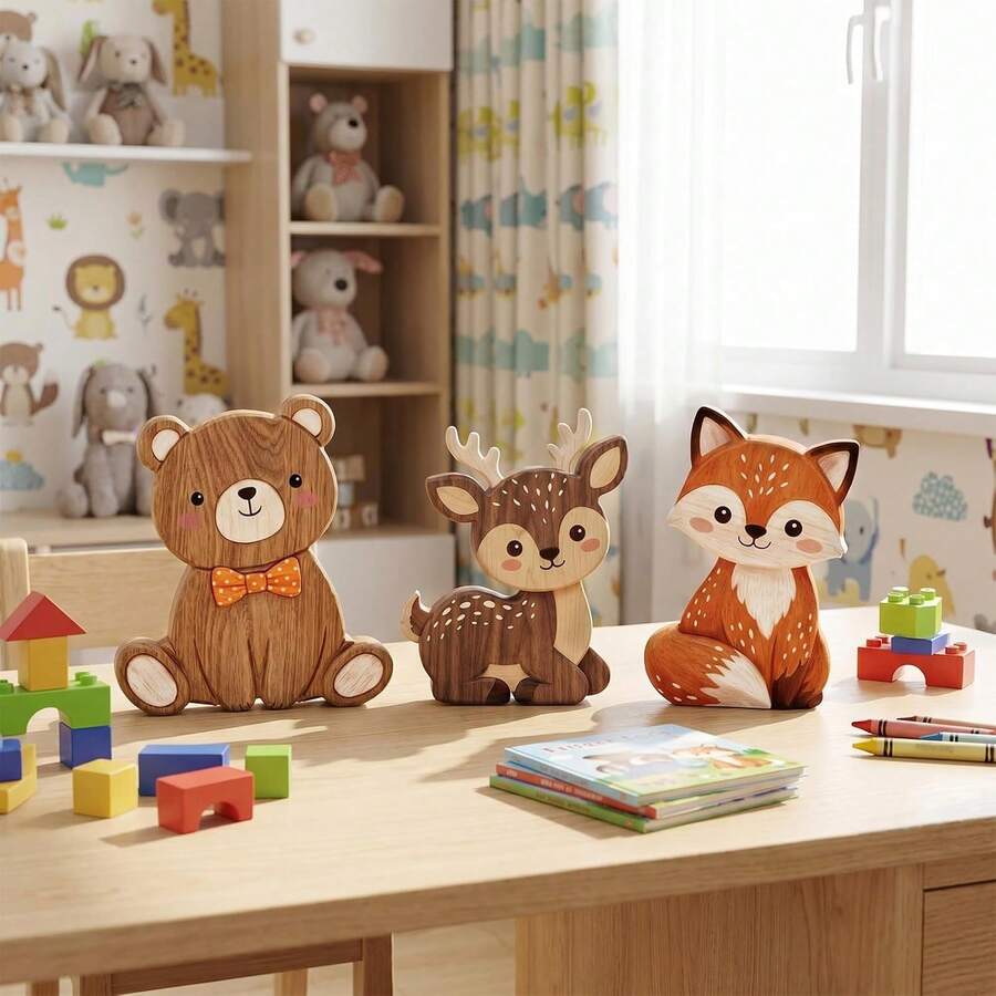 Woodland Animal Figurines, Dining Table Decor, Baby Baptism Decoration, Wooden Fox Forest Theme Decorative Ornament - A - View 1