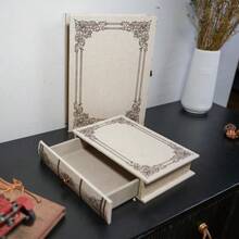 Vintage Book Storage Box With Drawer, Natural Linen-Textured Cover With Classic Frame Pattern, Hidden Organizer Jewelry, Keepsakes Or Desktop Usex 5" X 1.6" - 1PC - View 6