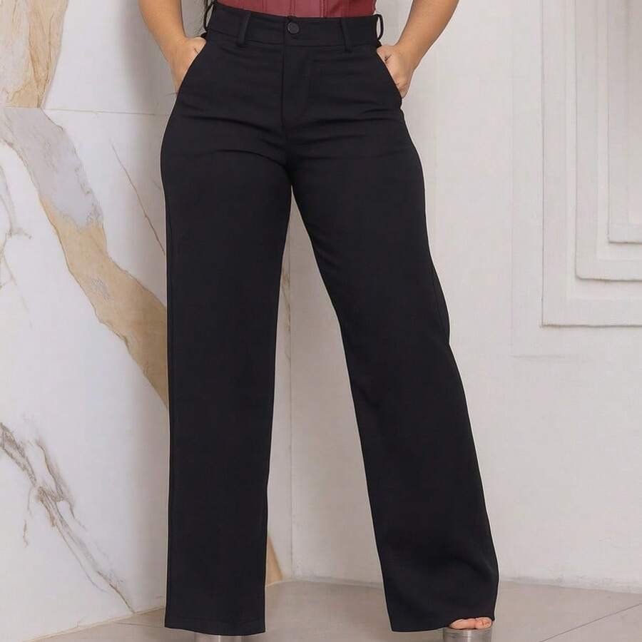 Faraya Jeans Women's Black Tailored Wide-Leg Trousers High-Waisted With Front And Back Pockets - black2 - 查看 1