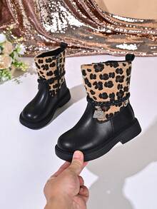 Autumn/Winter Girls' Leopard Print Plush Patchwork Mid-Calf Leather Boots With Woven Lace-Up, Rhinestone Charm, Side Zipper, Non-Slip Thick Sole, Sweet & Cool Fashion Ankle Boots - Khaki - View 1