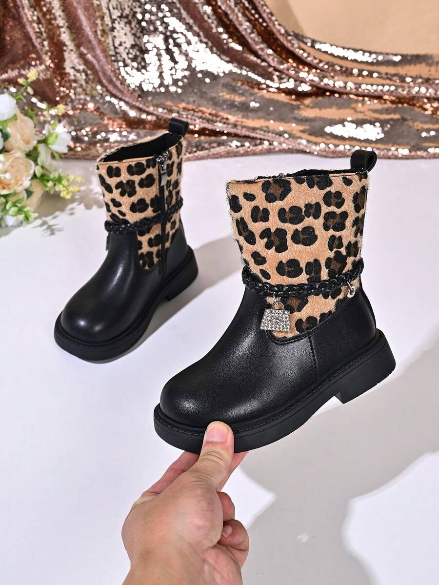 Autumn/Winter Girls' Leopard Print Plush Patchwork Mid-Calf Leather Boots With Woven Lace-Up, Rhinestone Charm, Side Zipper, Non-Slip Thick Sole, Sweet & Cool Fashion Ankle Boots - Khaki - View 1