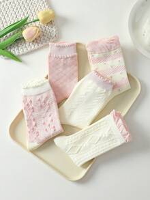 4 pares de calcetines de estilo ballet a media pantorrilla con volantes, rayas y flores en rosa & blanco, suaves & cómodos, para usar en todas las estaciones, color aleatorio - Multicolor - Ver 8