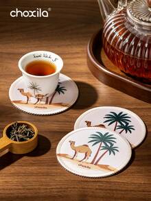 choxila 1/4pcs Camel & Coconut Tree Print Coasters, Exquisite Round Heat-Insulating Pads, Table Decor, Polyester Non-Slip Coasters, Handmade Bowl Mats, Home Decor, Vintage Desk Mats. Suitable For Tea Room, Office Reception - Coasters - View 4