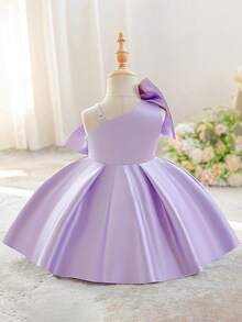 Baby Girls Asymmetric Neck Bow Purple Satin Cute Birthday Party Dress Suitable For Wedding Vacation, Headband Not Included - Mauve Purple - View 7