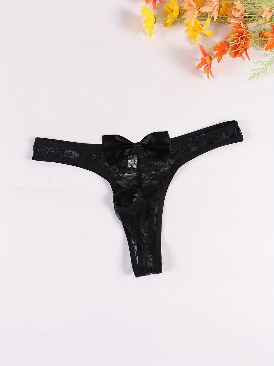 Best Seller, Bow Decor Fashion Elastic Breathable Sheer, Sexy T-Bottom Men'S Lace Sexy Thong Panties - Black - View 1
