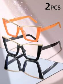 2 Pairs Cute Cat Eye Shaped Metal Frame Transparent Lens Regular Glasses For Women Street Photography Daily Use - Clear - View 18