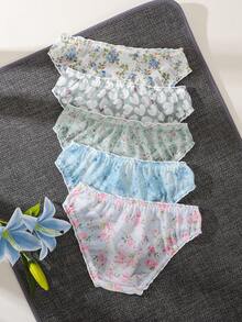 5pcs/Pack - Fresh Floral Heart Mesh Plus Size Women's Triangle Panties With Ruched Waistband And Mini White Bow, Full Coverage, Anti-Chafing, Japanese Pastoral Girly Style, Soft Spring/Summer Vibe, Versatile Underwear - Multicolor - View 2