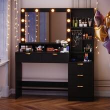Devoko Modern Vanity Table With Mirror, LED Lighting With 3 Color Modes, 5 Drawers, Open Shelves, Jewelry Hooks And Integrated Power Outlet, Dressing Table For Bedroom, Black - View 1