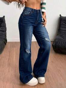 Pantalones rectos de mezclilla azul claro lavados con roturas, cintura media, elásticos y con caída elegante - Azul oscuro - Ver 3