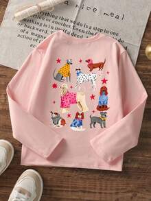 Teenage Girls Cute Dog Back Print Long Sleeve T-Shirt, Cartoon Puppy Wearing Clothes Pattern Pink Top, Casual Daily Campus Outfit - Pink - View 3