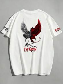 [Men's Plus Size] Men's Plus Size Loose Oversize Versatile Angel & Devil Print Casual T-Shirt Short Sleeve | Exquisite Craftsmanship | Summer Essential Item | Versatile & Easy To Match, Show Off Your Style - White - View 5