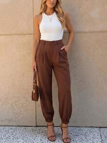Women High Waist Pleated Front Jogger Pants, Solid Loose Tapered Elastic Cuff Work Trousers, Casual Office Wear,Halloween - Coffee Brown - View 2