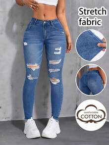 Y2K Deep Blue Washed Multi-Layer Distressed Ripped High Waist Stretch Ankle-Length Skinny Jeans For Women, Pear-Shaped Retro Slim Pencil Pants Casual - Medium Blue - View 1