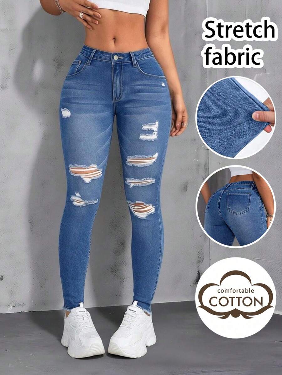 Y2K Deep Blue Washed Multi-Layer Distressed Ripped High Waist Stretch Ankle-Length Skinny Jeans For Women, Pear-Shaped Retro Slim Pencil Pants Casual - Medium Blue - View 1