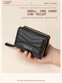 Dompet Lipat Tiga Pendek Wanita dengan Jahitan Berkerut, Dompet Koin Ritsleting Tali Pergelangan Tangan Portabel, Tempat Kartu Multi Slot, Tas Kecil Genggam - MultiWarna - View 10