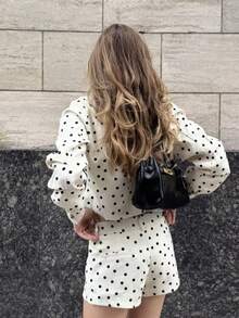 1pc Women's Street Fashion Design Polka Dot Zipper Stand Collar Flight Jacket, Suitable For Autumn/Winter Wear White - White - View 4