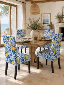 1/2/4/6Pcs Bright Yellow Lemon Blue Printed Chair Cover, Detachable High Back Protective Cover, Used For Kitchen And Home Dust Covers, Living Room And Bedroom Decoration, Outdoor Garden Decoration, And Essential Items For Party Events And Gatherings. - E - View 3