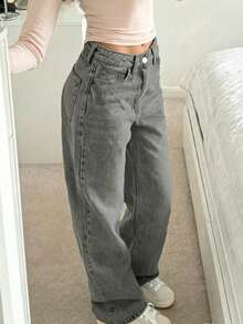 Jeans de pierna recta de mezclilla gris para adolescentes - Gris - Ver 5