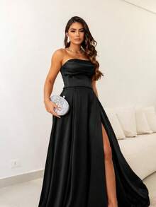 Long Satin Fashionista Bridesmaid Party Dress With Slit - 黑色 - 查看 2