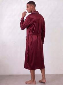 Snug League Men's Satin Long Sleeved Simple Casual Solid Color Robe, For Fall, Winter - Burgundy - View 10