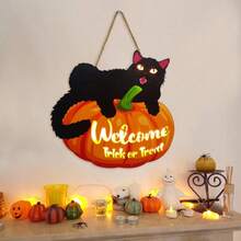 Pumpkin Black Cat Lighted Decorative Painting Halloween Wooden Hanging Plaque Door Sign Holiday Atmosphere Wall Decor - A - View 4