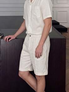 Men's Linen Blend Pleated Bermuda Shorts, Knee Length Straight Leg Matching Co-Ord Shorts - Apricot - View 3