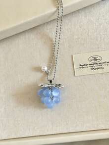 Niche Clear Blue Cat Eye Grape Bead Long Titanium Steel Necklace For Women, Minimalist High-End Non-Fading Sweater Chain - Baby Blue - View 10