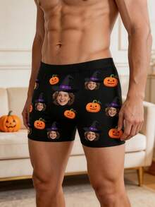 Men's Custom Smiling Female Face Witch Hat & Pumpkin Lantern Pumpkin Print Black Polyester Boxer Briefs, Halloween Romantic Humorous Couple Gift & Daily Wear - Multicolor - View 4