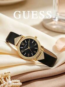 GUESS Women Gold Rhinestone Watch, Black Sunburst Dial Triangle Crystal Decor Black Leather Strap Elegant Quartz Wristwatch - Black - View 2