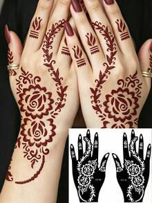 2 Sheets Reusable Self-Adhesive Henna Stencil Templates, Floral Designs Stencil Stickers For DIY Body Art, Perfect For Parties And Festival Events, Stencils For Crafts Reusable, Mehndi Designs - Black - View 1