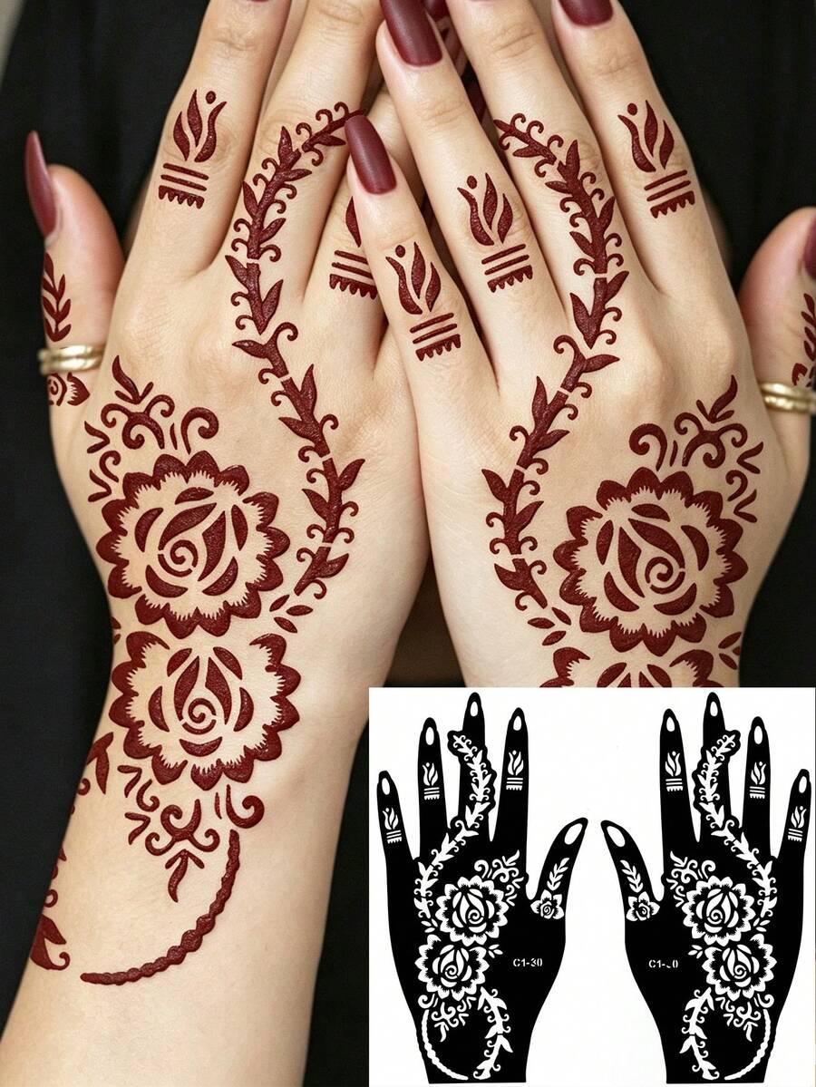 2 Sheets Reusable Self-Adhesive Henna Stencil Templates, Floral Designs Stencil Stickers For DIY Body Art, Perfect For Parties And Festival Events, Stencils For Crafts Reusable, Mehndi Designs - Black - View 1