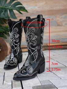 XfxfA Pair Of Women's Beige Retro Embroidered Thick Heeled Mid Heeled Boots With Zippered Cuffs For Easy On And Off, Suitable For Daily Commuting/Outd - Black - View 6