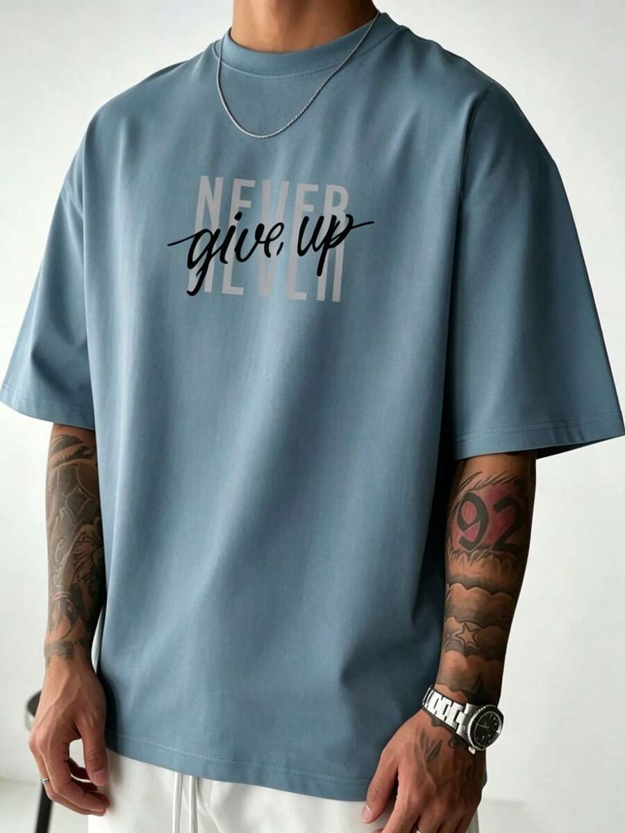 Men's Minimalist Inspirational Never Give Up Stacked Letter Chest Print Plus Size Short Sleeve T-Shirt, Simple Layout Crew Neck Casual Tee - Dusty Blue - View 1
