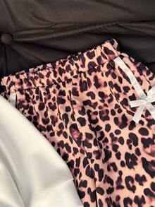 2pcs Girls' College Style Cherry Leopard Print Two Pieces Set, Round Neck Cherry Print White Sweatshirt + Side Tape Bow Pink Leopard Print Elastic Wide Leg Long Pants Outfit, Suitable For Streetwear, School Wear, Photo Shoot - White - View 7