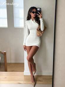 Women's White Ribbed Cross V-Neck Fitted Long Sleeve Ruched Bodycon Dress, Suitable For Commuting, Daily Wear, Street Style, Cafe Visiting, Dating, Dinner, Birthday Party, Halloween Minimalist Outfit, Short Vacation And Various Occasions - White - View 2