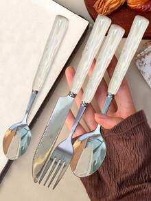 4/24pcs Set Exquisite Colorful Ceramic Handle Stainless Steel Cutlery Set, Pearl Gloss Multi-Color Ceramic, Includes Forks, Spoons, Etc., Iridescent Gloss Elegant Unique, Suitable For Home, Restaurant, Kitchen Daily Dining - Multicolor - View 14