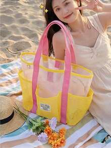 Candy Color Mesh Tote Beach Bag, Travel Tote Bag, Large Capacity Hollow Mesh Handbag, Suitable For Outdoor Travel And Vacation - Multicolor - View 4