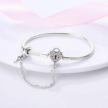 1pc S925 Sterling Silver Snake Bone Base Bracelet, Multiple Pink Diamond Heart Clasp With Safety Chain, Hollow Carved Design, Heart-Shaped Main Stone, DIY Beaded Bracelet Base, Comes With Gift Box, Gentle Girl Style, Versatile Handmade Jewelry Base - Multicolor - View 2