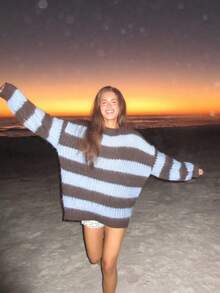 Plus Size Women's Vintage Vacation Striped Colorblock Long Sleeve Sweater - Brown-blue - View 2