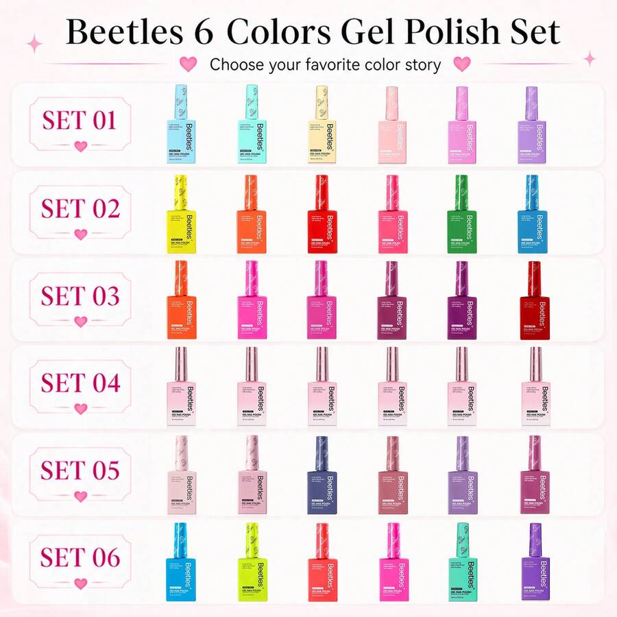 Set Kutek Gel Beetles Macaron Color 15ML 6 Warna, Botol Berwarna-warni, Mudah Dihapus, Cocok untuk Manikur dengan Lampu UV/LED - MultiWarna - View 1