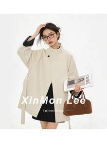 Commuter Versatile Premium Purple Stand Collar Mid-Length Trench Coat Button-Up Jacket, Suitable For Campus, Office, Daily Wear In Spring And Autumn - Khaki - View 1