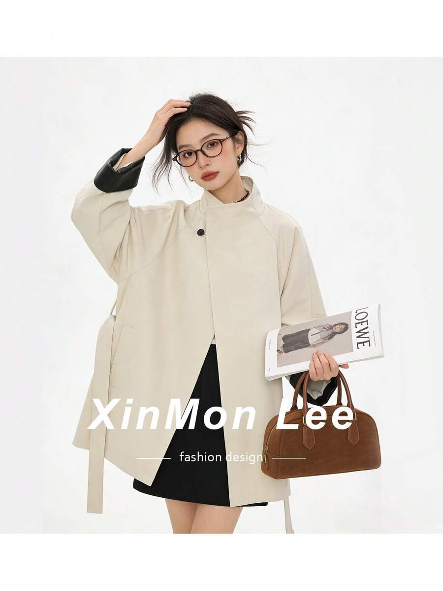 Commuter Versatile Premium Purple Stand Collar Mid-Length Trench Coat Button-Up Jacket, Suitable For Campus, Office, Daily Wear In Spring And Autumn - Khaki - View 1