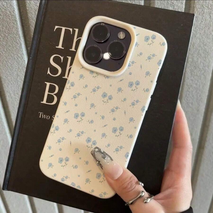 1 Stück minimalistische blaue Blümchen-Grasmuster personalisierte matte Litchi-Textur Vollschutz Anti-Sturz TPU Handyhülle kompatibel mit Apple 17 16 15 14 13 12 11 Pro Max A55/54/53/52/51 S25/24/23/22/21 Serie - Verschiedenfarbig - Übersicht 1