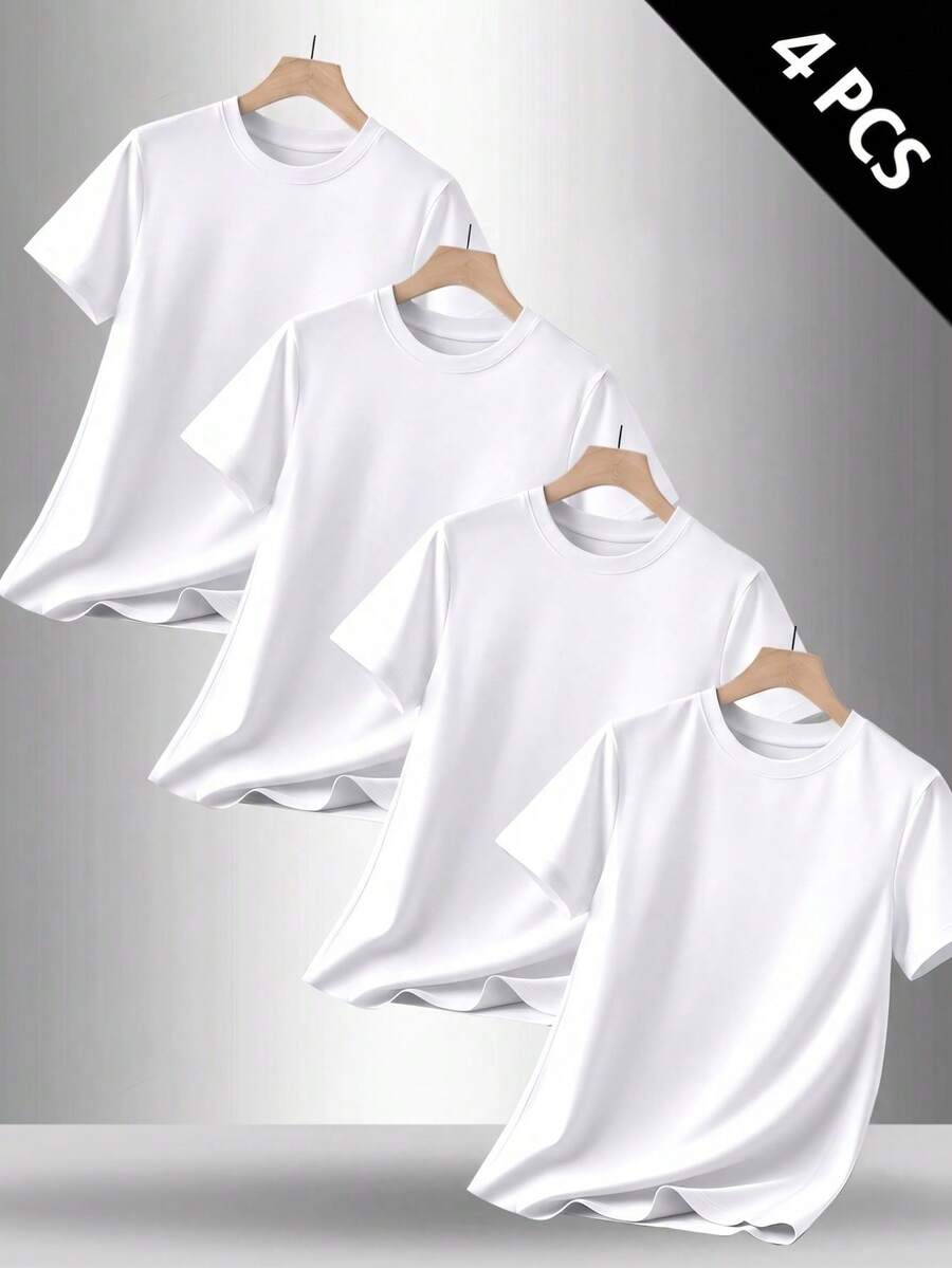 4-Pack Men's T-Shirts In Pure Cotton With Crew Neck And Print, Casual And Versatile, Ideal For Spring And Summer - 白色 - 查看 1