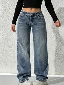Jeans de pierna recta de mezclilla gris para adolescentes - Agua verde azul - Ver 3