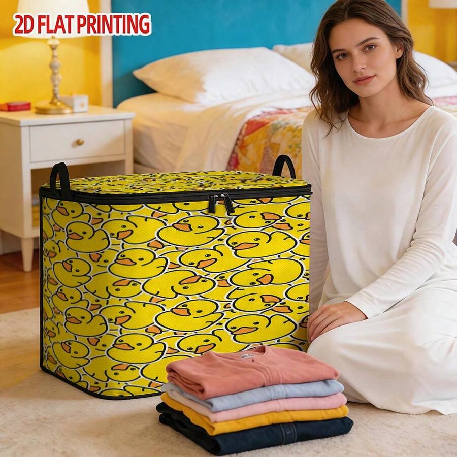 1 pieza Caja de almacenamiento plegable con cremallera grande, caja de almacenamiento con estampado completo de pato amarillo de dibujos animados 2D, estampado de elementos de estilo premium, solución perfecta para organización de viajes, ropa de cama y armario, decoración de dormitorio, vuelta al colegio - Ver 1